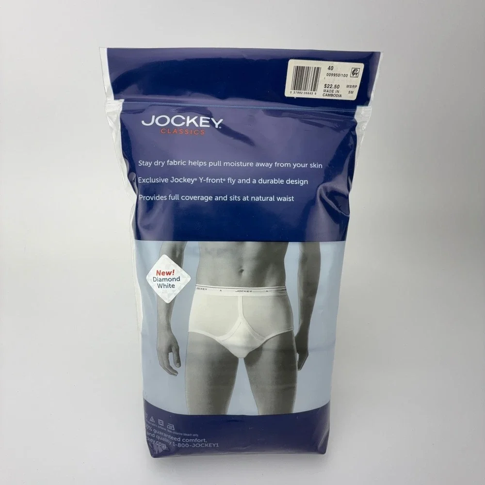 Jockey Classics Mens‎ 3 Pack Briefs White Combed Cotton Y-Front Fly Size 40 9950